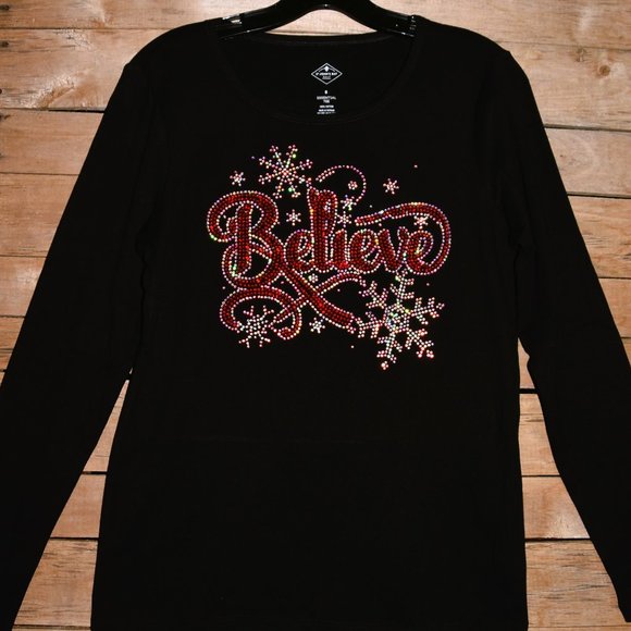 Christmas Believe   rhinestone  long Sleeve Shirt S M L XL XXL 1X… - Picture 3 of 6